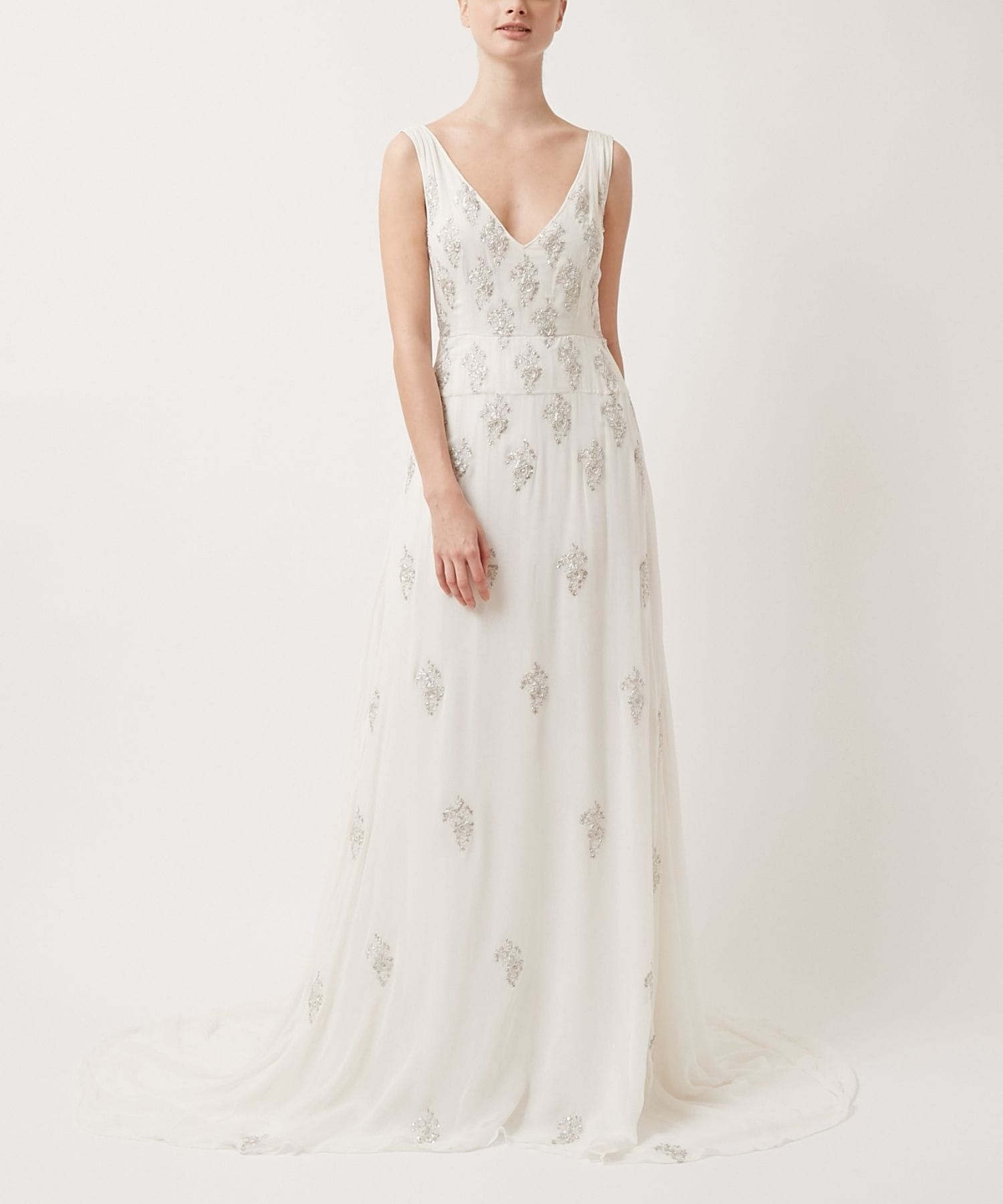 [saphed] White rose silver embroidery silk chiffon V neck dress