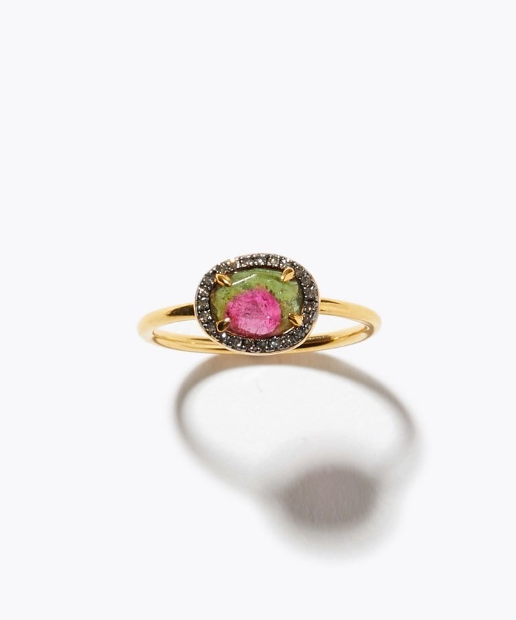 [elafonisi] medium bi-color tourmaline with pave diamonds ring