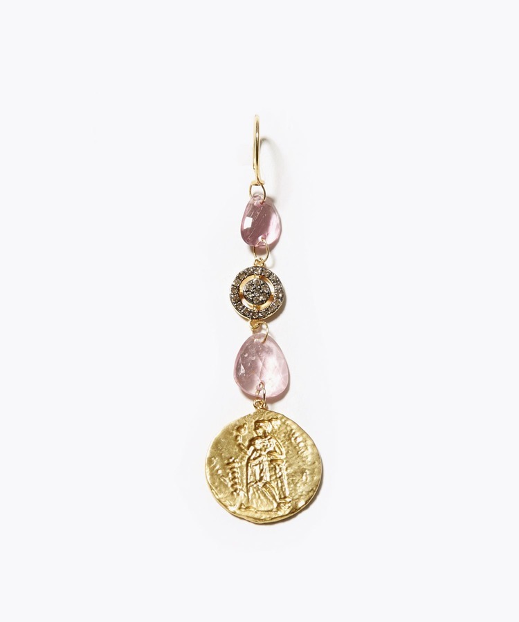 [elafonisi] 【Stone Limited】 pink tourmaline GREEK coin drops single pierced earring