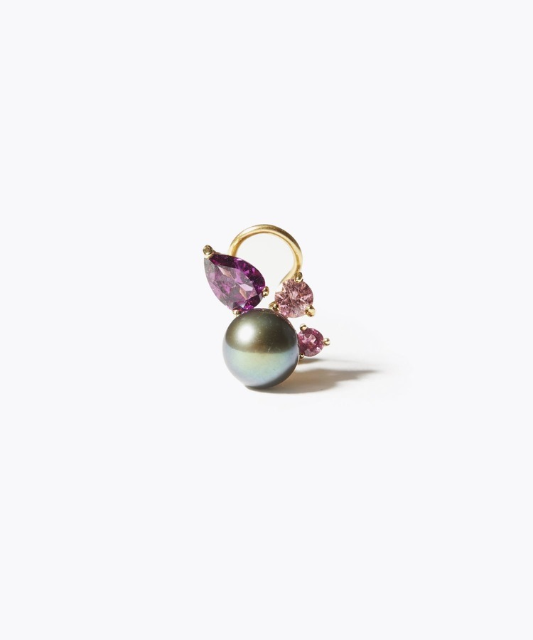 [eden] K10 pink tourmaline rhodolite tahitian pearl single ear clip