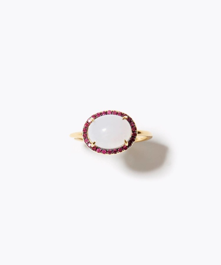 [elafonisi] cabochon blue chalcedony pave ruby ring