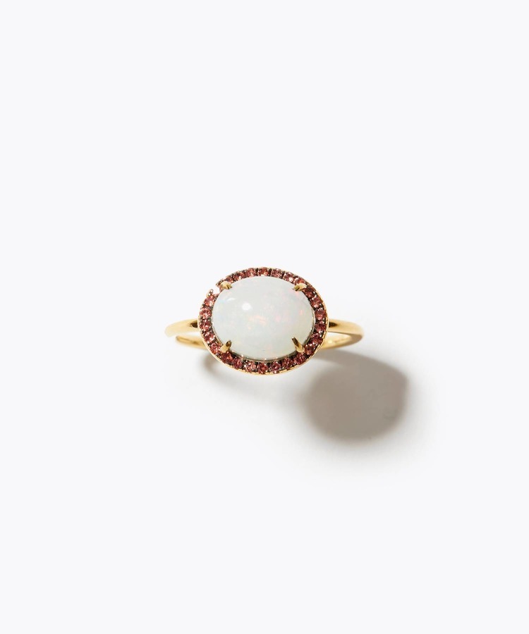 [elafonisi] cabochon white opal pave orange sapphire ring