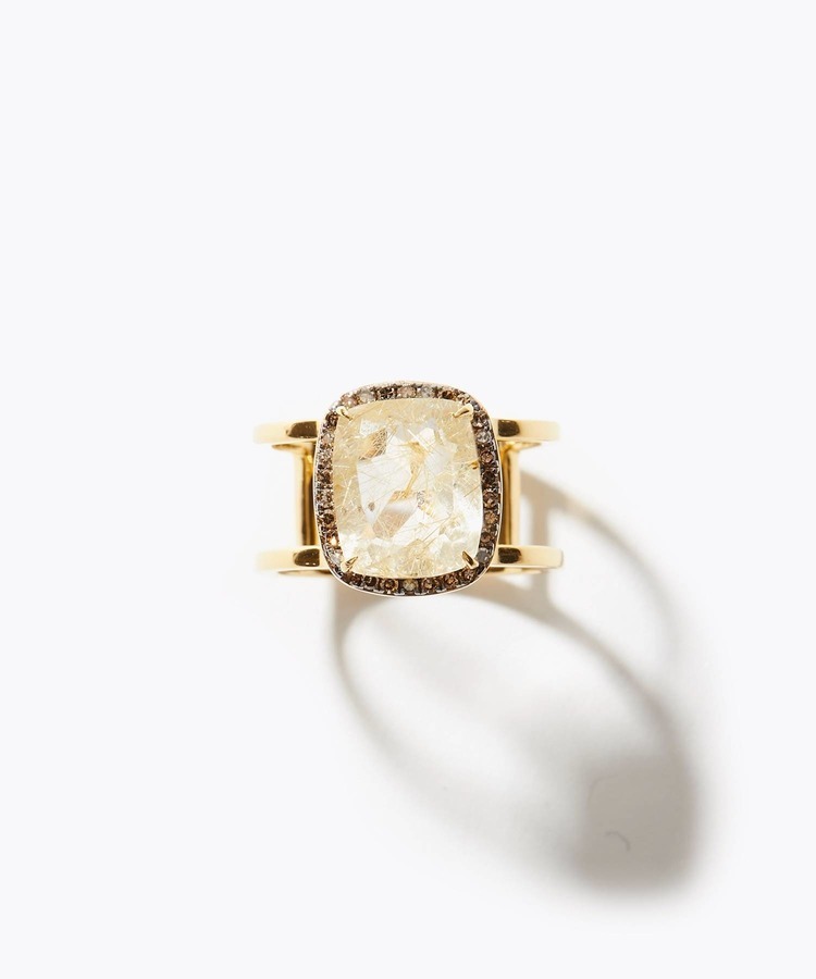 [elafonisi] cushion gold rutile quartz pave diamond double band ring
