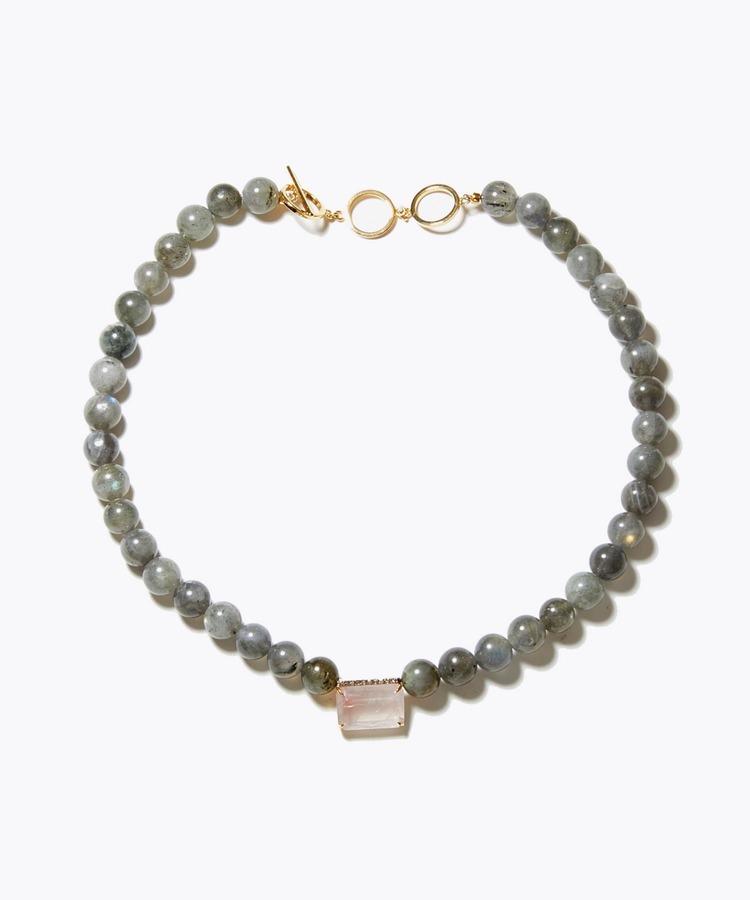[amulette] [The Power of the Moon and the Sun to Keep the Faith]labradorite hematite in rose quartz pave diamonds choker