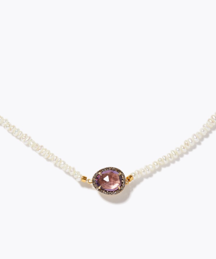 [elafonisi] clasp dark amethyst paved with diamond and pearls necklace
