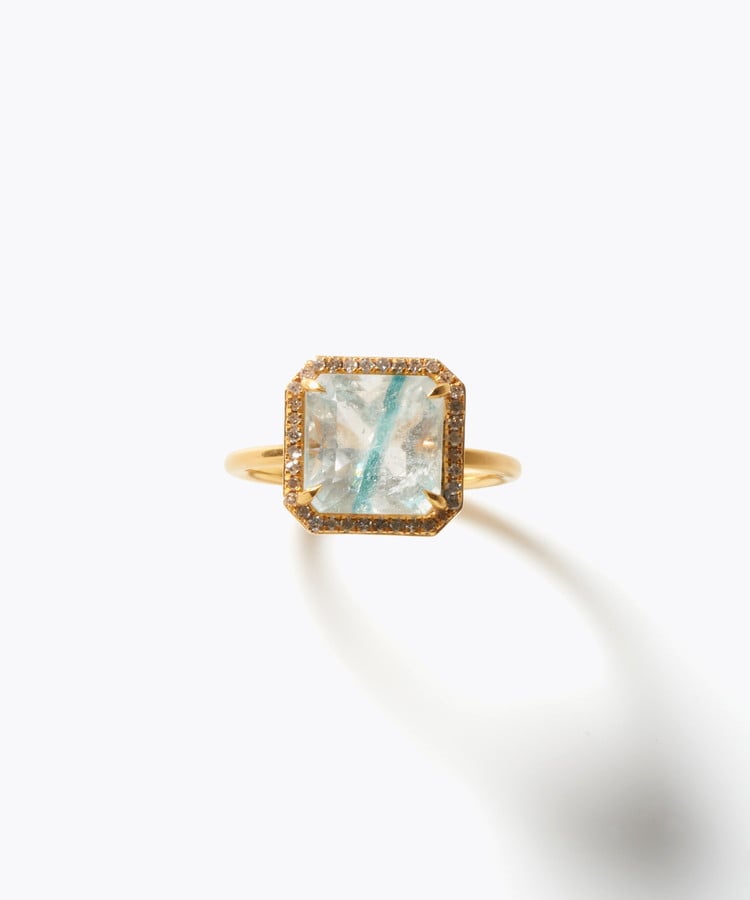 [elafonisi] one of a kind blue green tourmaline in quartz pave diamond ring