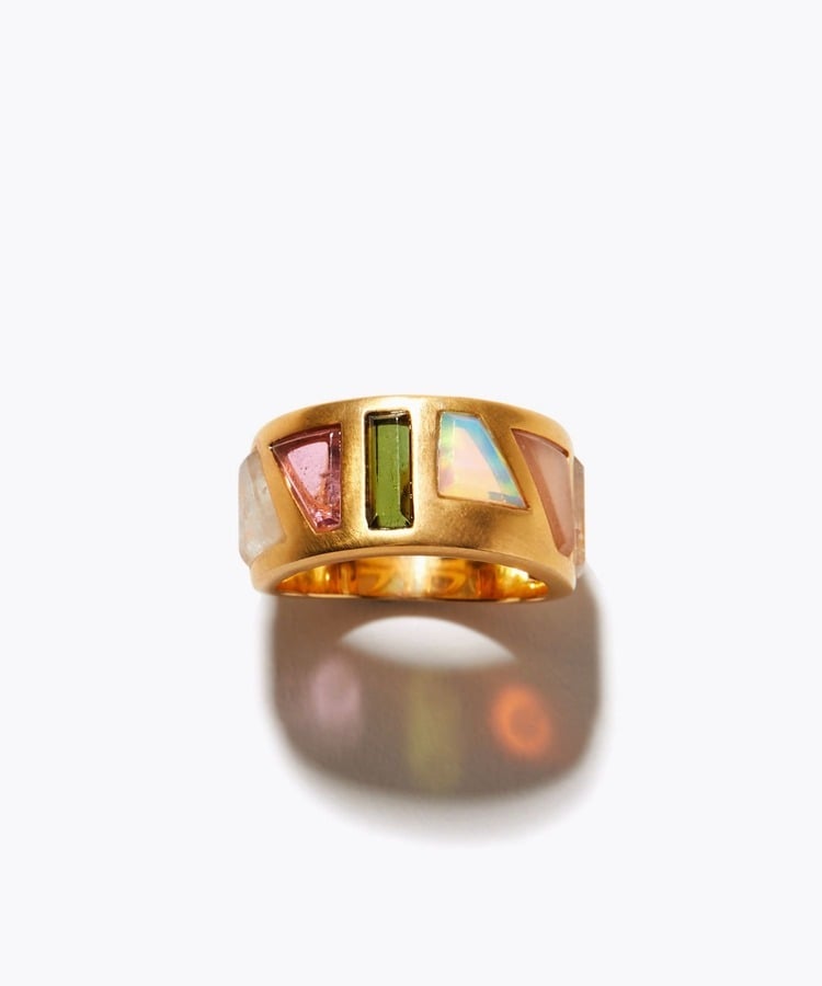 [ancient] pink color block inlay ring