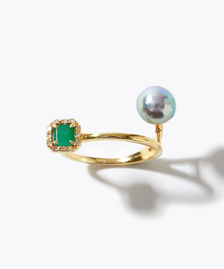 [elafonisi] emerald akoya pearl pave diamond orbit ring