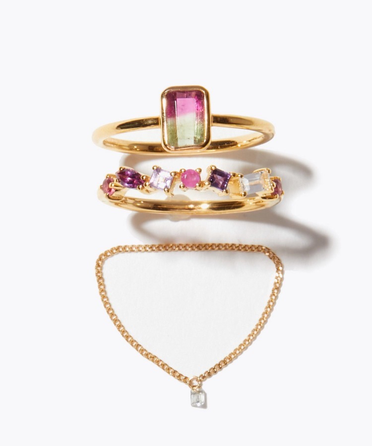 [eden] 【2025 Winter Limited】One of a kind rectangle bi color tourmaline K18 diamond chain ring