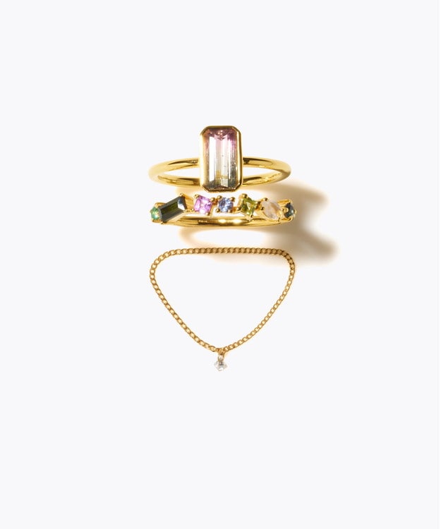 [eden] 【2025 Winter Limited】One of a kind rectangle bi color tourmaline K18 diamond chain ring