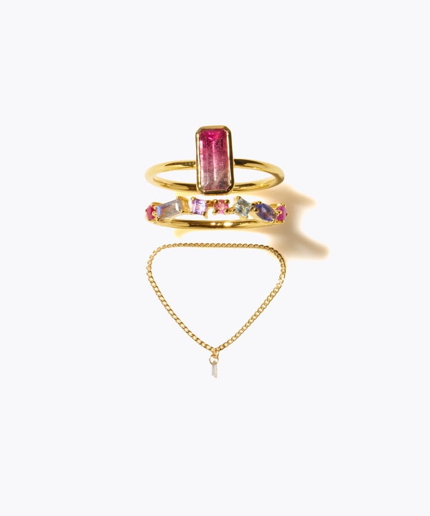 [eden] 【2025 Winter Limited】One of a kind rectangle bi color tourmaline K18 diamond chain ring