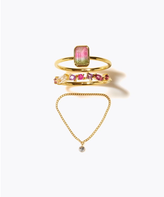 [eden] 【2025 Winter Limited】One of a kind rectangle bi color tourmaline K18 diamond chain ring
