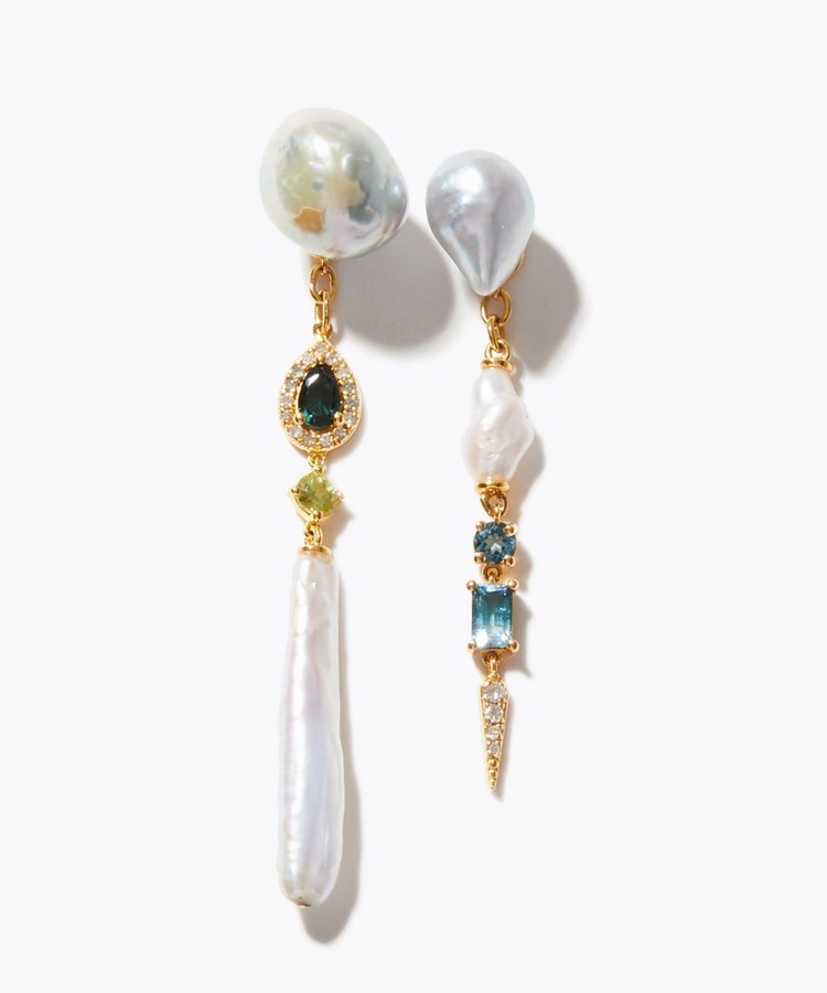 [elafonisi] 【2025 Winter Limited】One of a kind K10 akoya pearl multiple stone chandelier pierced earring