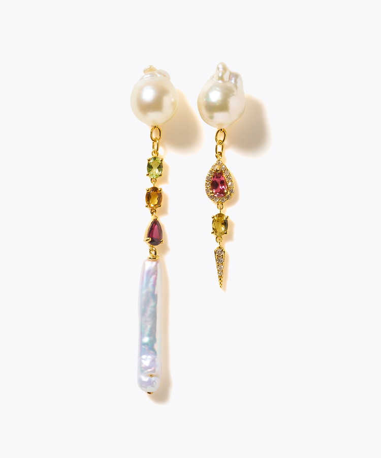 [elafonisi] 【2025 Winter Limited】One of a kind K10 akoya pearl multiple stone chandelier pierced earring