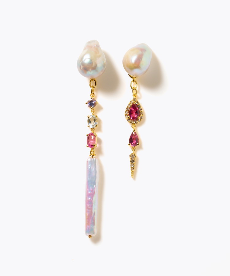 [elafonisi] 【2025 Winter Limited】One of a kind K10 akoya pearl multiple stone chandelier pierced earring