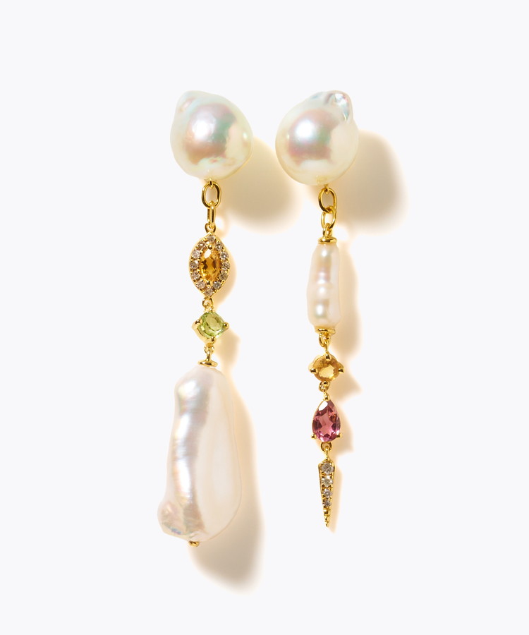 [elafonisi] 【2025 Winter Limited】One of a kind K10 akoya pearl multiple stone chandelier pierced earring