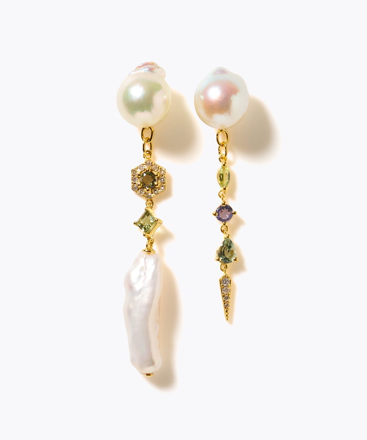 [elafonisi] 【2025 Winter Limited】One of a kind K10 akoya pearl multiple stone chandelier pierced earring