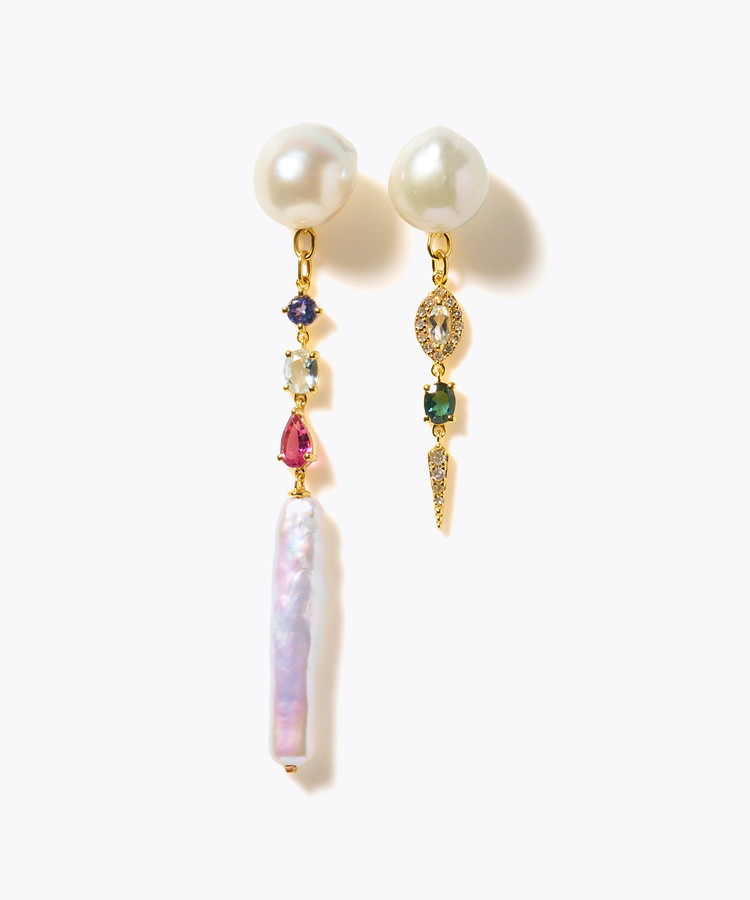 [elafonisi] 【2025 Winter Limited】One of a kind K10 akoya pearl multiple stone chandelier pierced earring