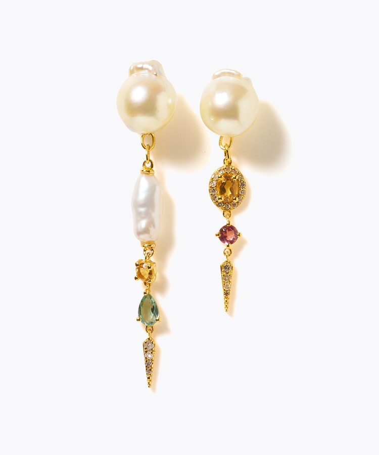 [elafonisi] 【2025 Winter Limited】One of a kind K10 akoya pearl multiple stone chandelier pierced earring