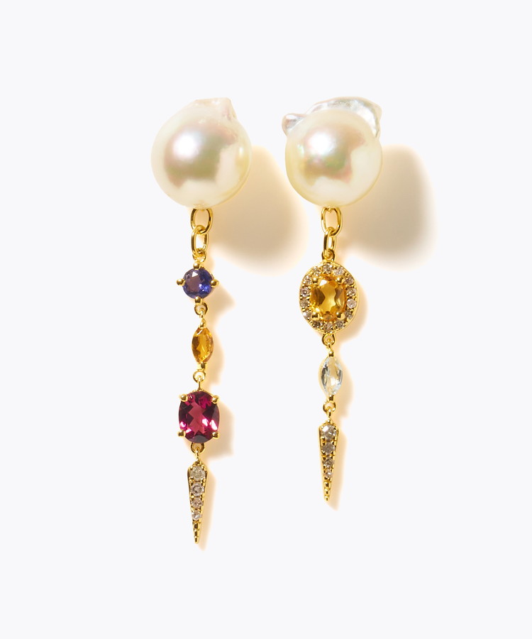 [elafonisi] 【2025 Winter Limited】One of a kind K10 akoya pearl multiple stone chandelier pierced earring