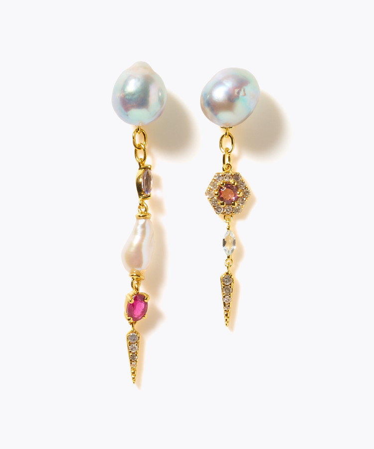 [elafonisi] 【2025 Winter Limited】One of a kind K10 akoya pearl multiple stone chandelier pierced earring