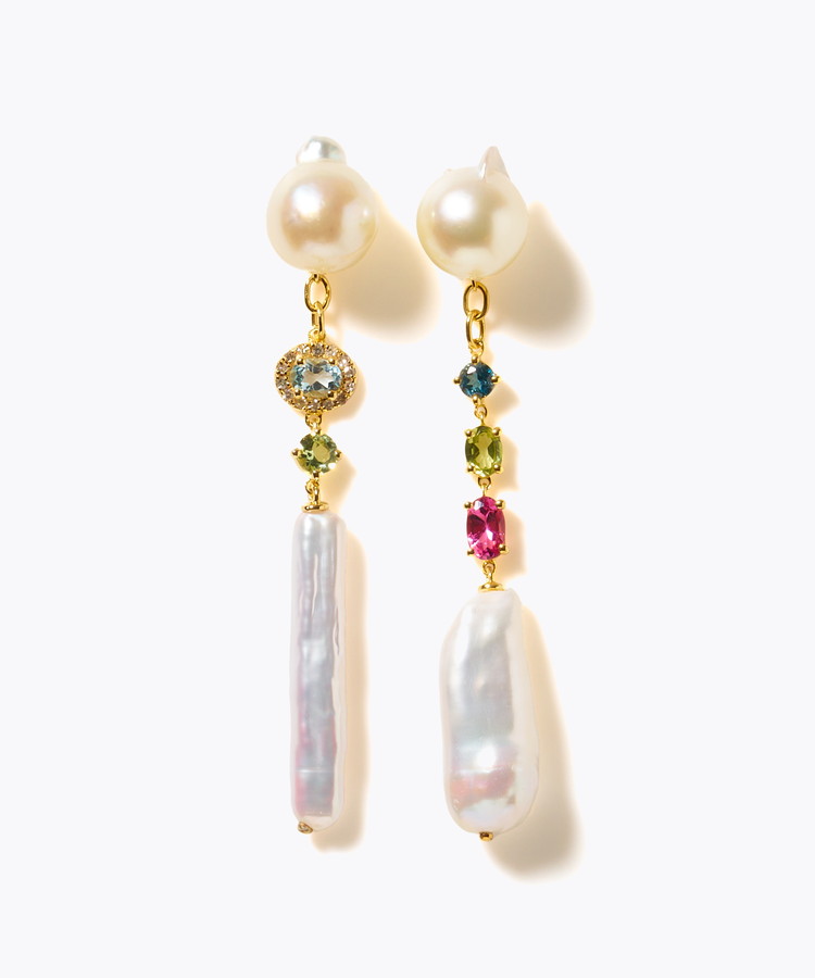 [elafonisi] 【2025 Winter Limited】One of a kind K10 akoya pearl multiple stone chandelier pierced earring