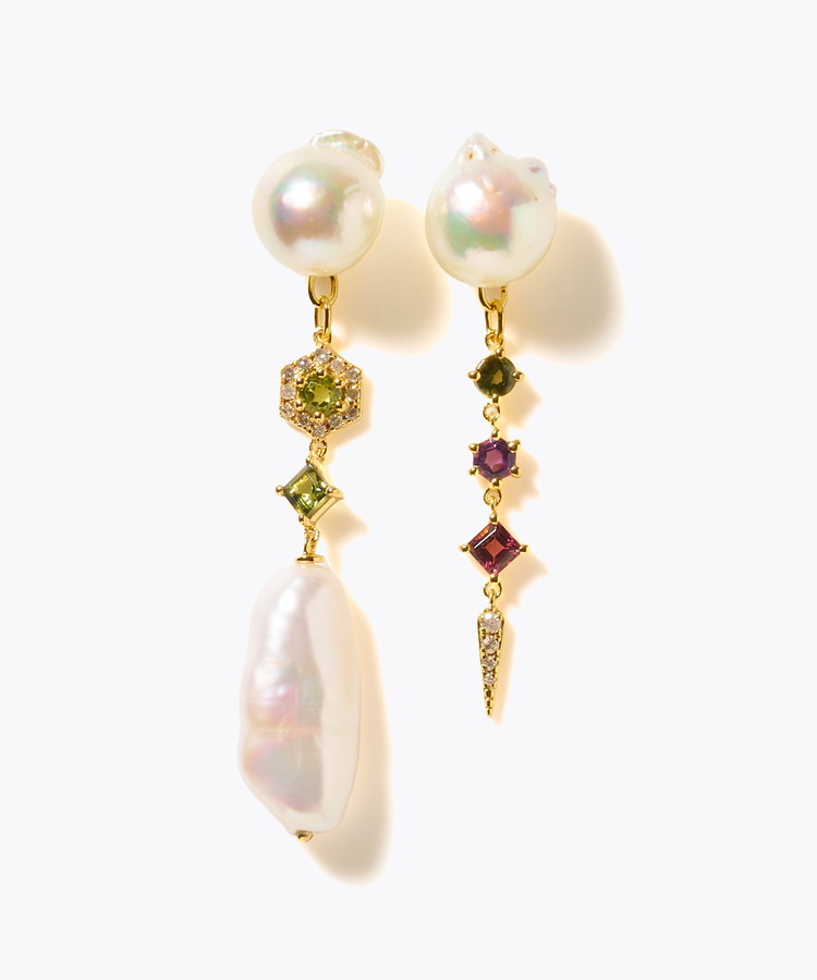 [elafonisi] 【2025 Winter Limited】One of a kind K10 akoya pearl multiple stone chandelier pierced earring