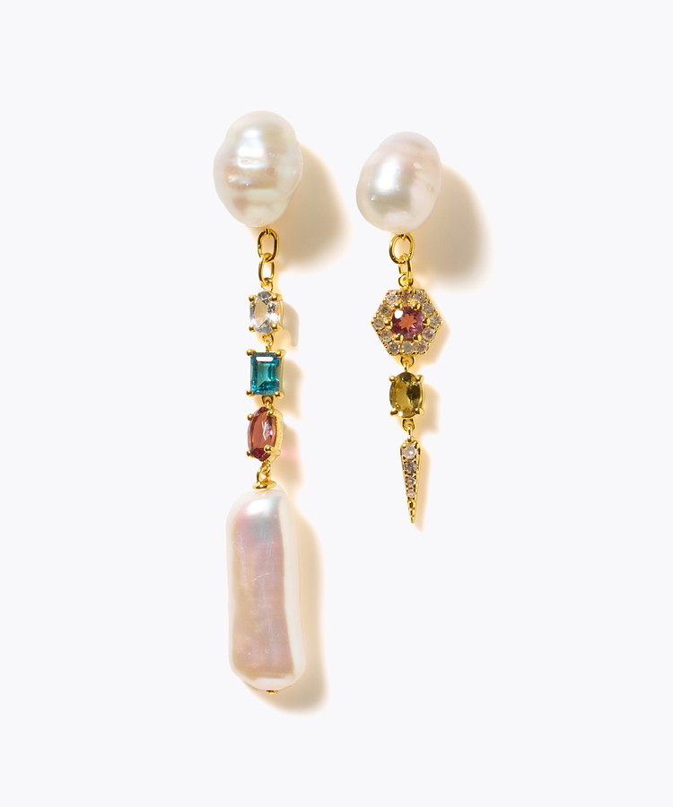 [elafonisi] 【2025 Winter Limited】One of a kind K10 akoya pearl multiple stone chandelier pierced earring