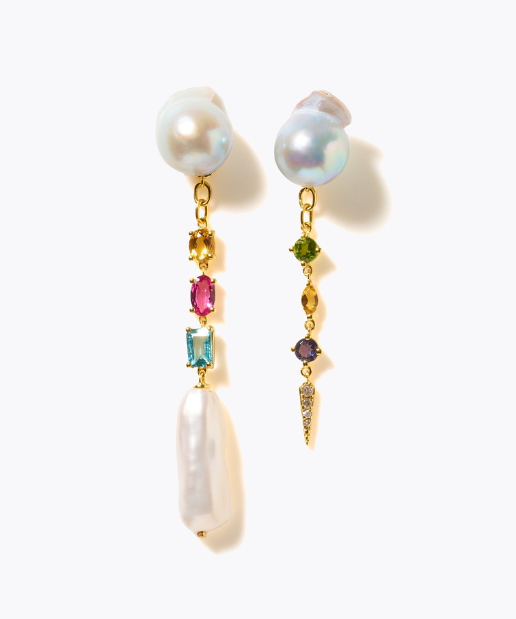 [elafonisi] 【2025 Winter Limited】One of a kind K10 akoya pearl multiple stone chandelier pierced earring