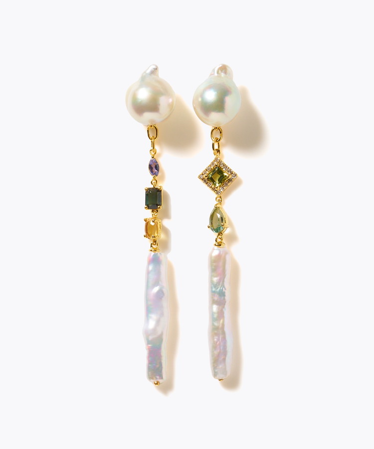 [elafonisi] 【2025 Winter Limited】One of a kind K10 akoya pearl multiple stone chandelier pierced earring