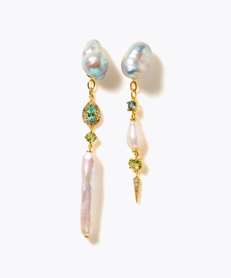 [elafonisi] 【2025 Winter Limited】One of a kind K10 akoya pearl multiple stone chandelier pierced earring