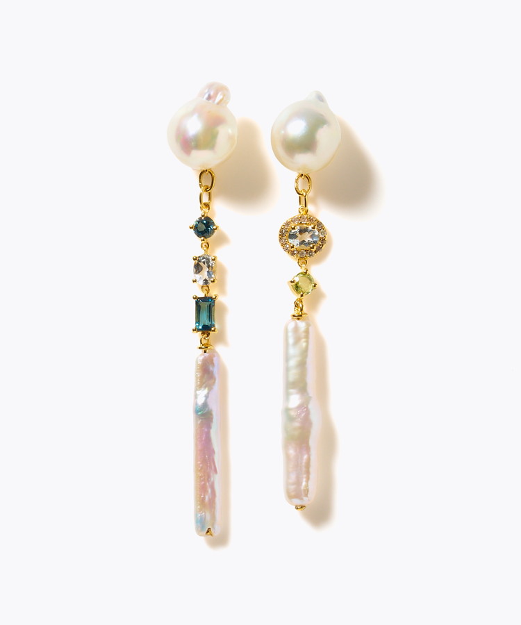 [elafonisi] 【2025 Winter Limited】One of a kind K10 akoya pearl multiple stone chandelier pierced earring