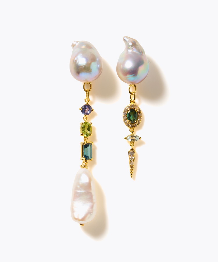 [elafonisi] 【2025 Winter Limited】One of a kind K10 akoya pearl multiple stone chandelier pierced earring