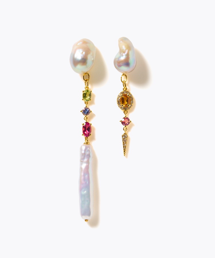 [elafonisi] 【2025 Winter Limited】One of a kind K10 akoya pearl multiple stone chandelier pierced earring