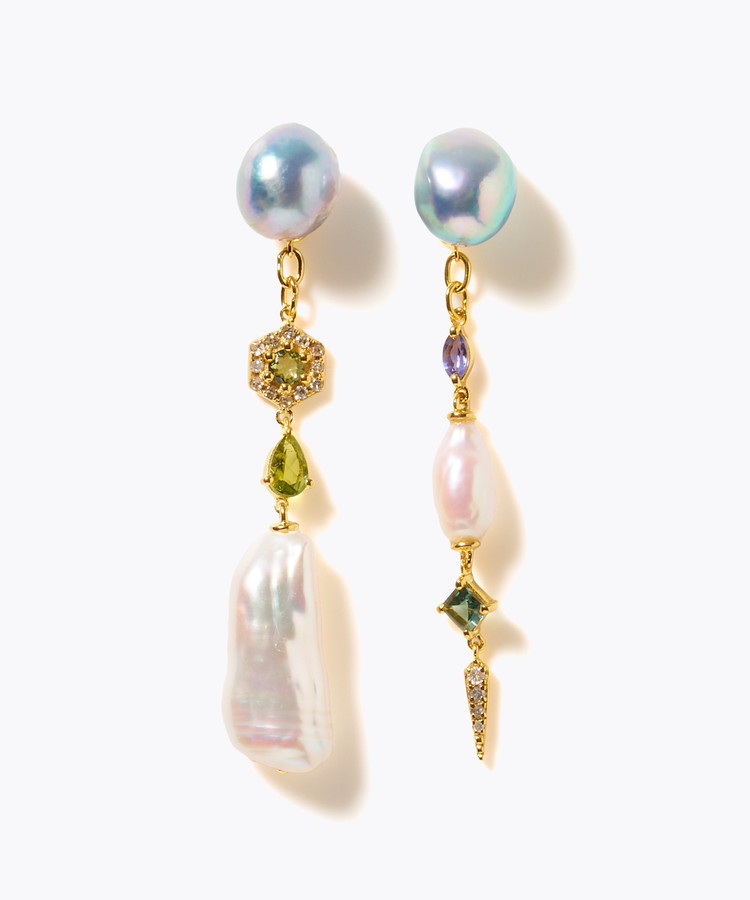 [elafonisi] 【2025 Winter Limited】One of a kind K10 akoya pearl multiple stone chandelier pierced earring