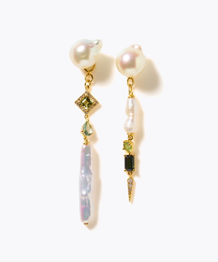 [elafonisi] 【2025 Winter Limited】One of a kind K10 akoya pearl multiple stone chandelier pierced earring