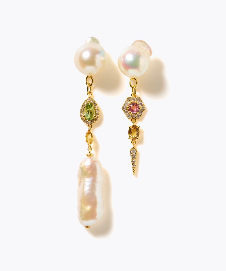[elafonisi] 【2025 Winter Limited】One of a kind K10 akoya pearl multiple stone chandelier pierced earring