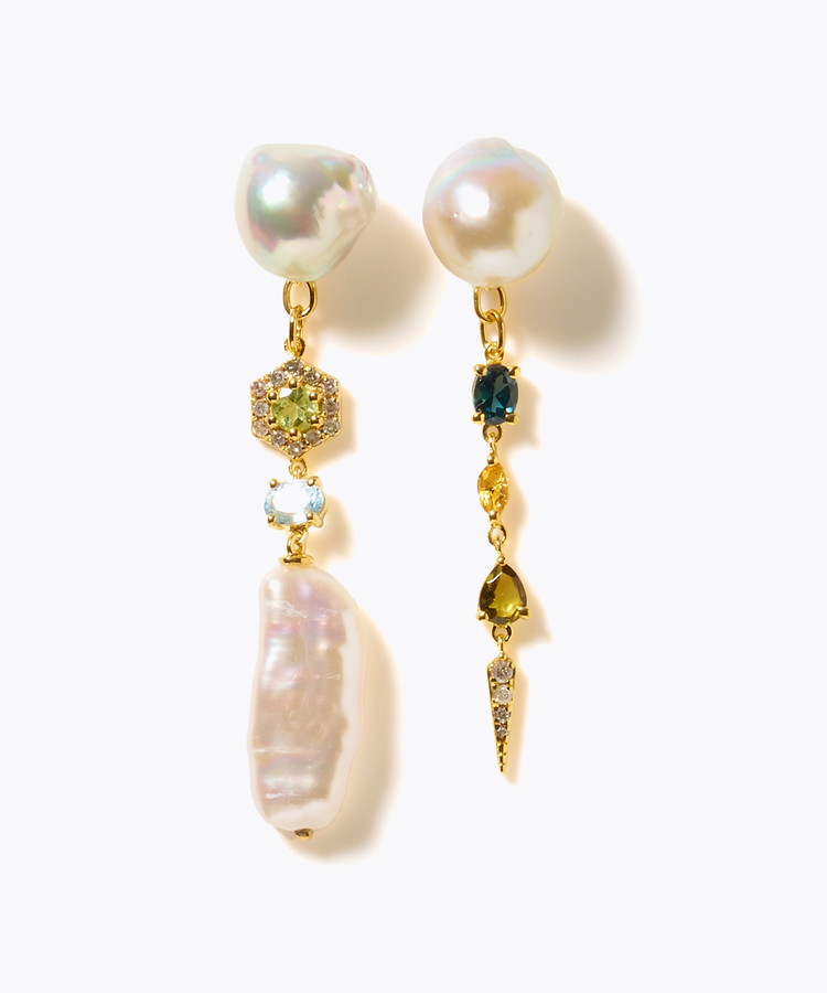 [elafonisi] 【2025 Winter Limited】One of a kind K10 akoya pearl multiple stone chandelier pierced earring