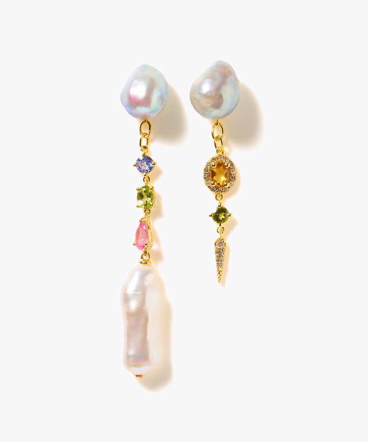 [elafonisi] 【2025 Winter Limited】One of a kind K10 akoya pearl multiple stone chandelier pierced earring
