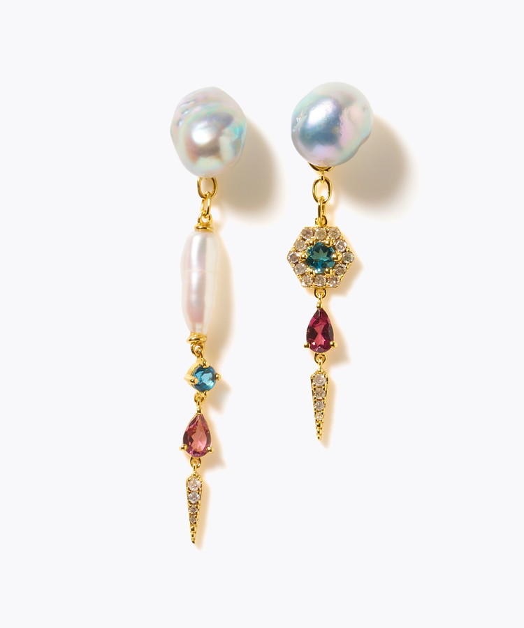 [elafonisi] 【2025 Winter Limited】One of a kind K10 akoya pearl multiple stone chandelier pierced earring