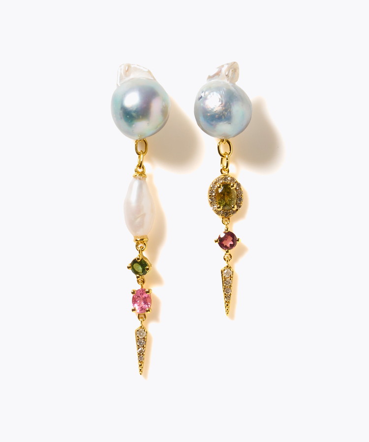 [elafonisi] 【2025 Winter Limited】One of a kind K10 akoya pearl multiple stone chandelier pierced earring