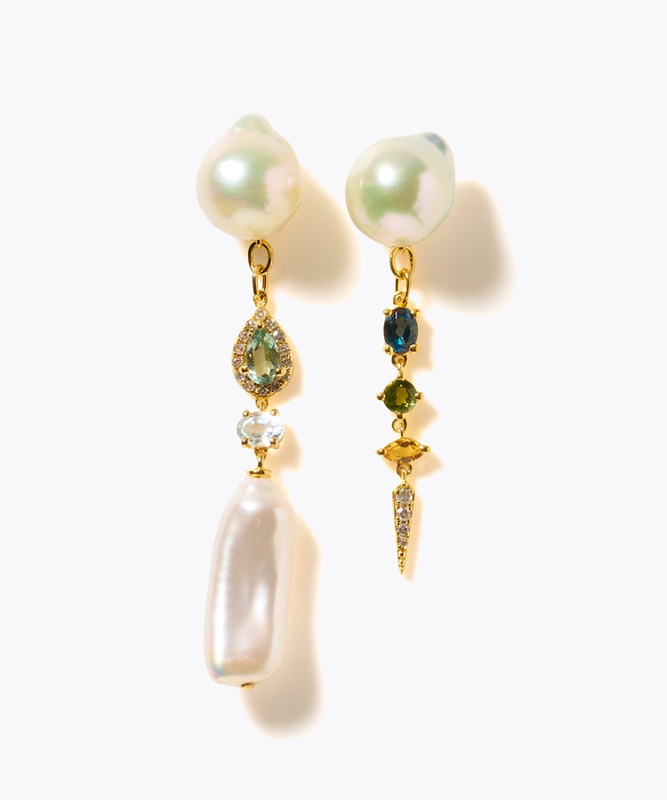 [elafonisi] 【2025 Winter Limited】One of a kind K10 akoya pearl multiple stone chandelier pierced earring
