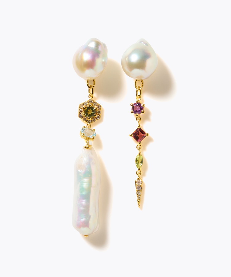 [elafonisi] 【2025 Winter Limited】One of a kind K10 akoya pearl multiple stone chandelier pierced earring