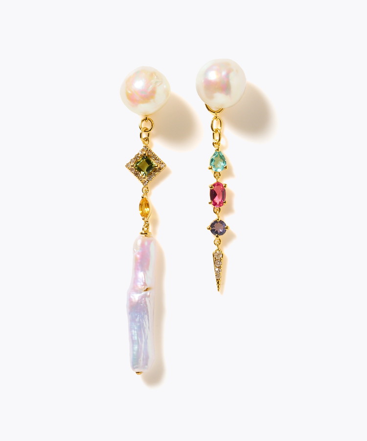 [elafonisi] 【2025 Winter Limited】One of a kind K10 akoya pearl multiple stone chandelier pierced earring
