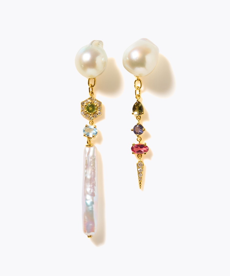 [elafonisi] 【2025 Winter Limited】One of a kind K10 akoya pearl multiple stone chandelier pierced earring
