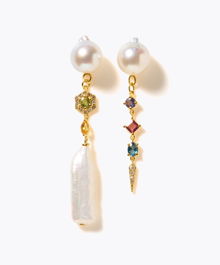 [elafonisi] 【2025 Winter Limited】One of a kind K10 akoya pearl multiple stone chandelier pierced earring
