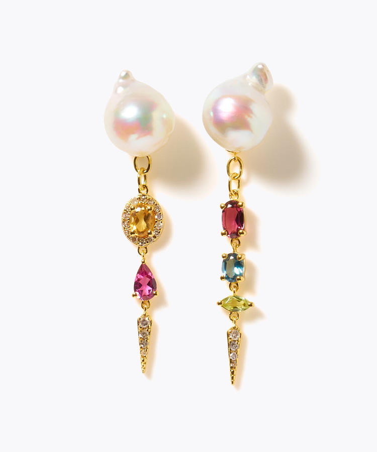 [elafonisi] 【2025 Winter Limited】One of a kind K10 akoya pearl multiple stone chandelier pierced earring