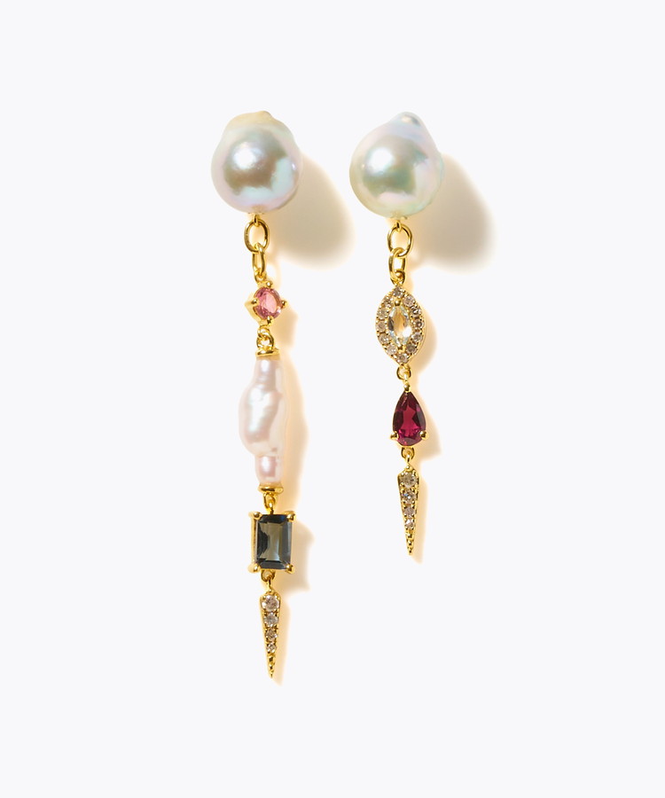 [elafonisi] 【2025 Winter Limited】One of a kind K10 akoya pearl multiple stone chandelier pierced earring