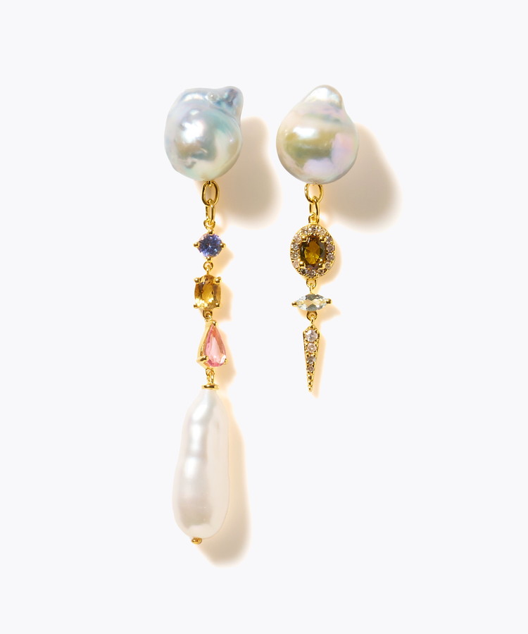 [elafonisi] 【2025 Winter Limited】One of a kind K10 akoya pearl multiple stone chandelier pierced earring