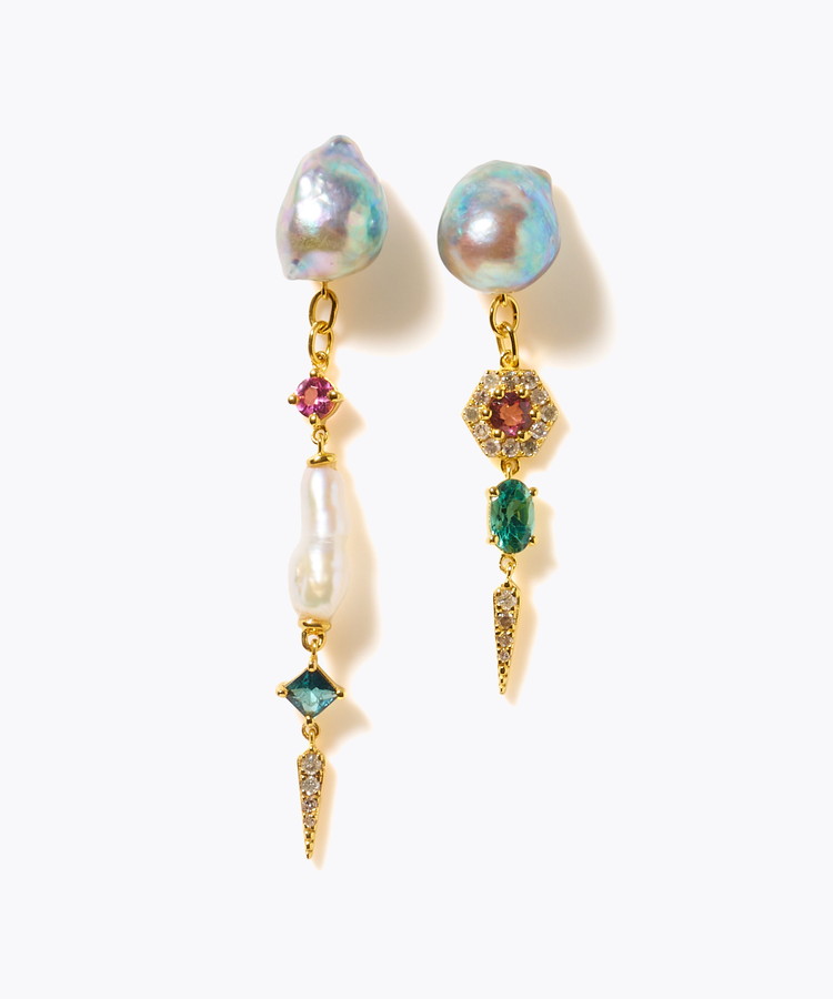 [elafonisi] 【2025 Winter Limited】One of a kind K10 akoya pearl multiple stone chandelier pierced earring